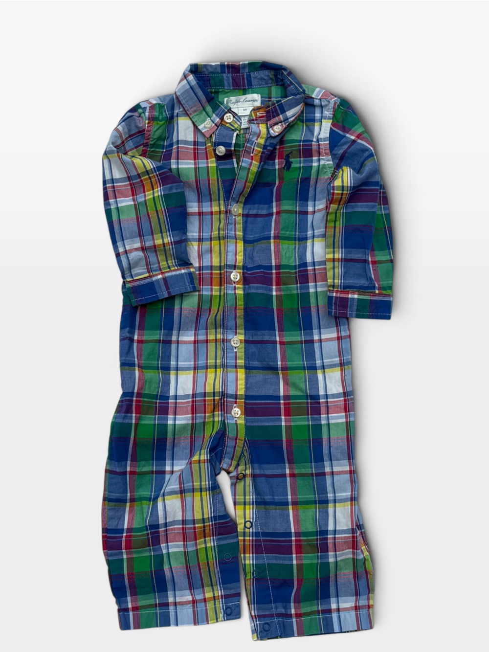 Ralph Lauren Madras Plaid One Piece Romper Baby 6 Months Green Blue Red Cotton
